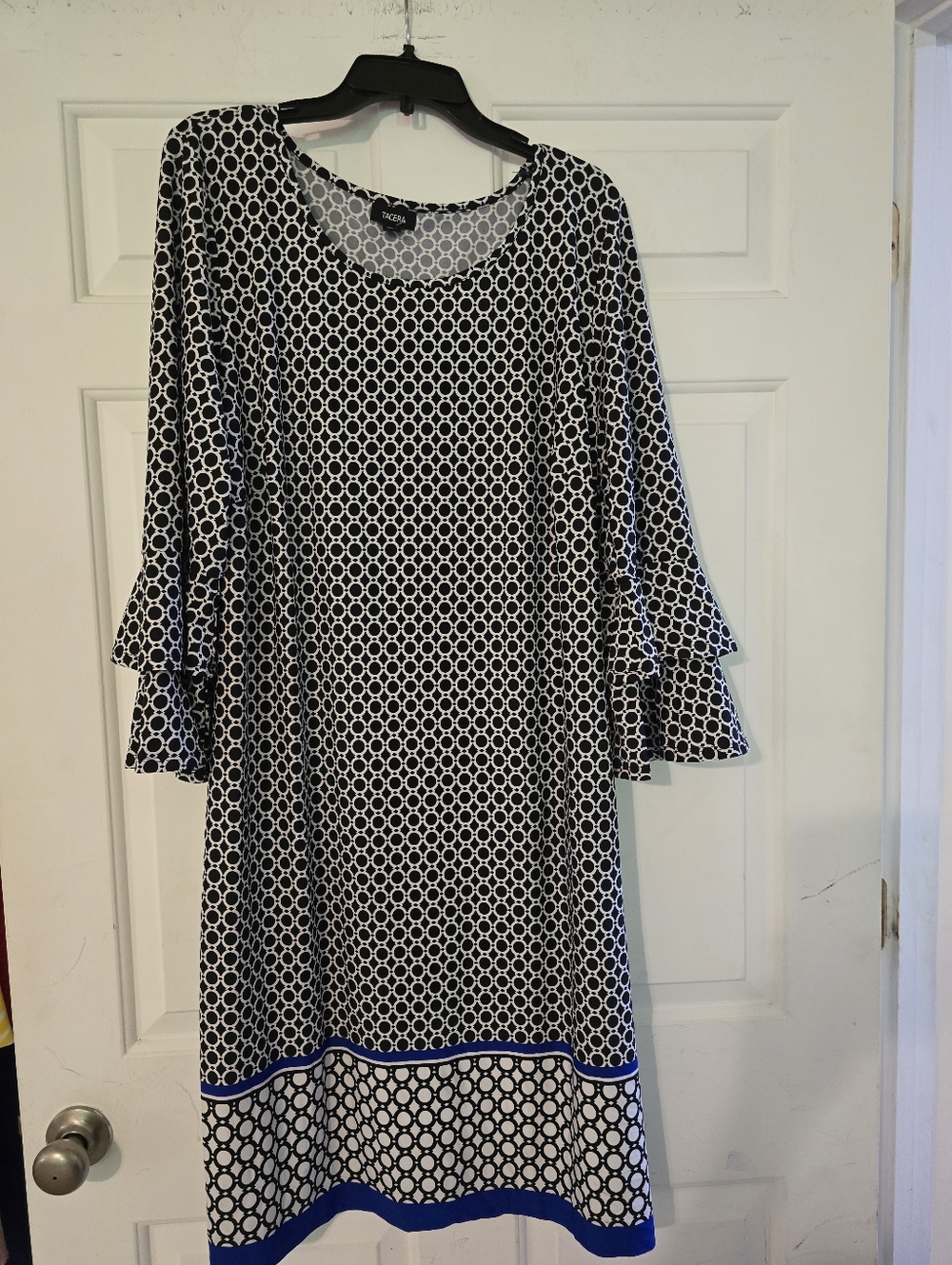 Tacera Black, White & Blue Geometric Bell-Sleeve Dress
